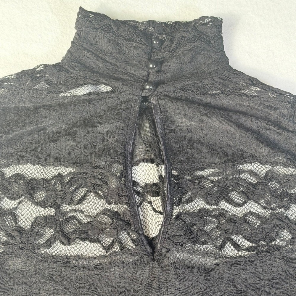 Black Sheer Floral Lace Mock Neck Long Sleeve Blouse Keyhole Mesh Top - Picture 11 of 15